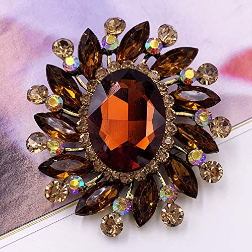 Image of SELOVO Flower Rhinestone Statement Brooch Pin Broach Antique Gold Tone