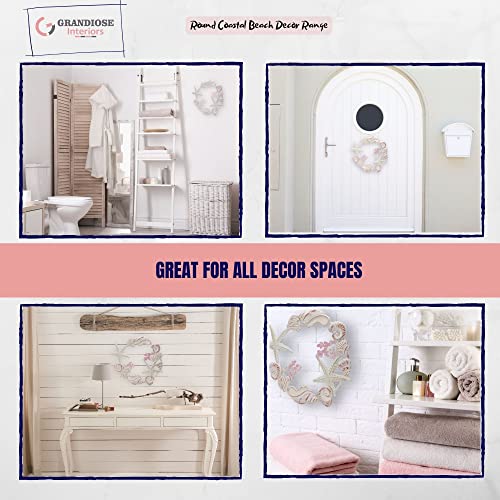 Round Coastal Beach Themed Decor - Metal Wall Art Sculpture - Bathroom Decor Bedroom Decor or Living Room Decor Hanging with Seaside Shells Starfish and Coral garden decorations, White, 15.35 - Image 4