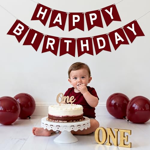 Image of Happy Birthday Banner Party Banner NO DIY Birthday Sign Burgundy