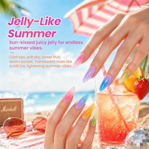 Image of Beetles Neon Jelly Gel Nail Polish Set - 7.5ML 20 Colors Summer Gel Polsih Kit Jelly Pink Red Blue Green Yellow Orange Sheer Gel Soak Off UV Base Glossy Matte Top Coat French Nail Art Gift for Women