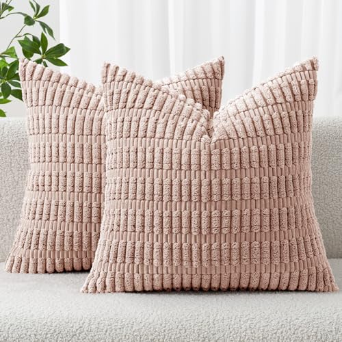 MIULEE Corduroy Decorative Throw Pillow Covers 18x18 Pink Pack of 2