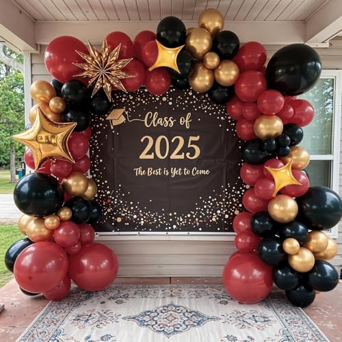 Image of Black Burgundy Gold Balloon Arch Kit, Maroon Red Balloon Garland with Stars