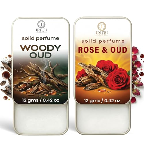 Image of IDITRI EXPORT Solid Perfume |Rose & Oud&Woody oud Alcohol Free Wax Perfume Balm, Long Lasting | Pocket Tin 12g, Pack Of 2| Non Greasy Smooth Glide, Travel Friendly Unisex Gifts He Or Her