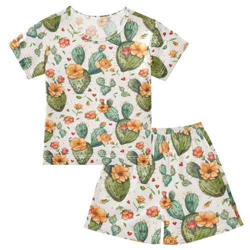 ALAZA Cactus Flowers Hearts Pajama Set Short Sleeve Sleepwear Soft Lounge Nightwear