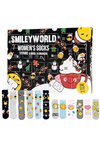 Smileyworld calendario de adviento con 12 pares de calcetines talla 38-43 para mujer Calendario de Navidad con zapatillas y calcetines largos