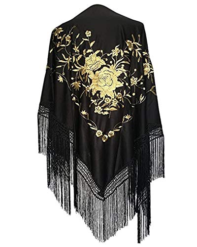 AMINA Black Flamingo Shawl with Fringe - Gold Embroidery on One Side - Large 190 x 90 cm