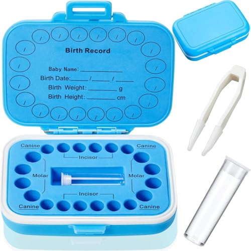 Image of Baby Tooth Box Keepsake for Kids Teeth Storage Holder Child Teeth Organizer Tooth Fairy Box with Baby Fetal Hair Container and Tweezer for Keeping The Child Memory(Blue)