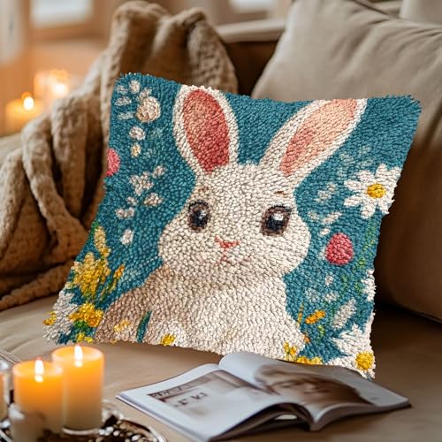 Image of Latch Hook Pillow Kits Cartoon Easter Rabbit in Flowers Stamped Pillowcase Handamade Crochet Yarn Hook and Latch Emboridery Throw Pillow Cover for Home Sofa Decor 43x43cm(3)