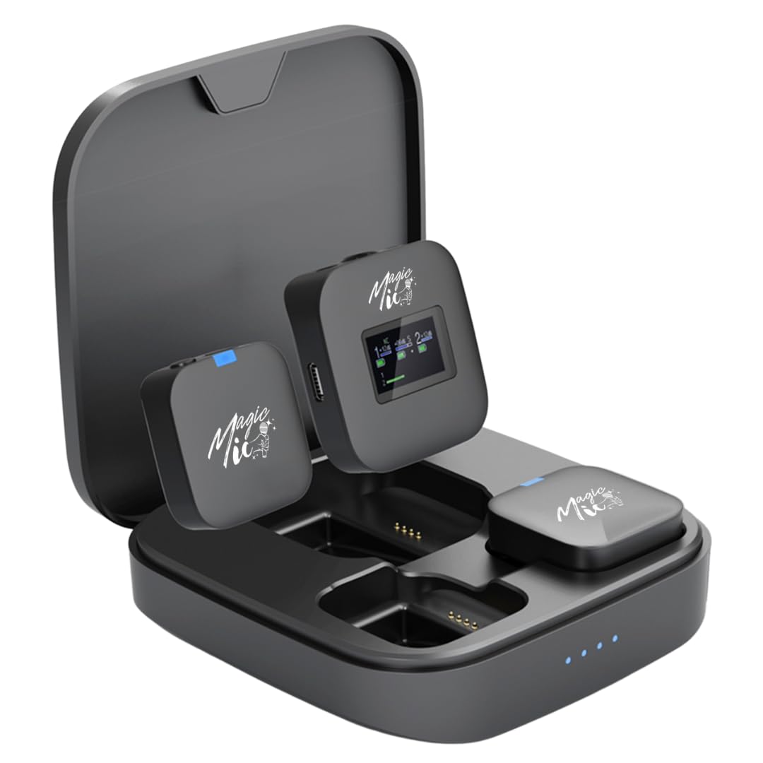 MagicMic™ 3 Pro Influencer Mikrofon Set LCD-Display, KI Geräuschunterdrückung, 20h Akku Stereo/Mono Modus, Lautstärkeregelung Kabelloses Mic für iPhone, Android, PC, YouTube, Vlogs (2 TX + 1 RX)