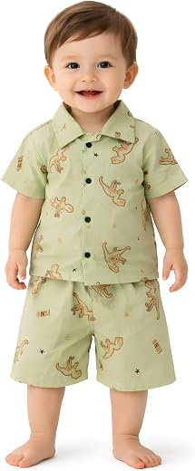 BOOSTY Baby Boys Print Shirt and Shorts Set, Short Sleeve Button Down Outfit