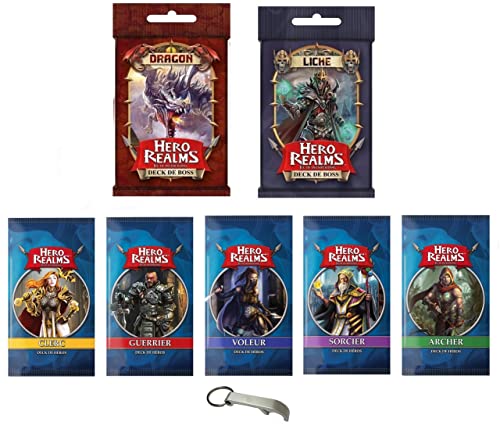 Lot de 7 Extensions Hero Realms en Français Liche + Dragon + Archer + Sorcier + Guerrier + Voleur + Clerc + 1 Décapsuleur Blumie Cover
