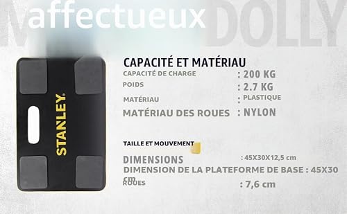 Stanley Chariot à roulettes 200 kg en plastique durable dimensions 45x30 cm 4 roulettes multidirectionnelles conception ergonomique pour un transport facile et sécurisé - vue 5