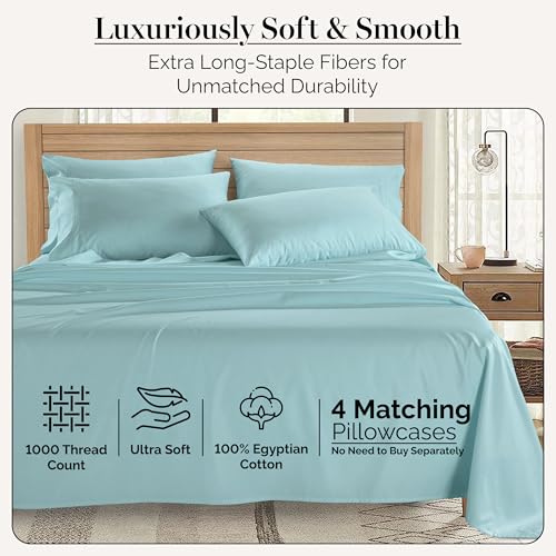 Casa Platino 100% Egyptian Cotton Sheets Queen Size Set - 6 Pcs (1 Flat, 1 Fitted, 4 Pillowcases) - Ultra Smooth Sateen Weave Bed Sheets Set with 15" Deep Pockets - Blue Sky