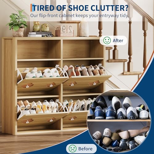 Image of GarveeHome Shoe Storage Cabinet with 4 Flip Drawers & Adjustable Shelves | Floral Pattern, Shoe Cabinet for Entryway, Hallway, Living Room, Narrow Wooden Shoe Cabinet, Natural