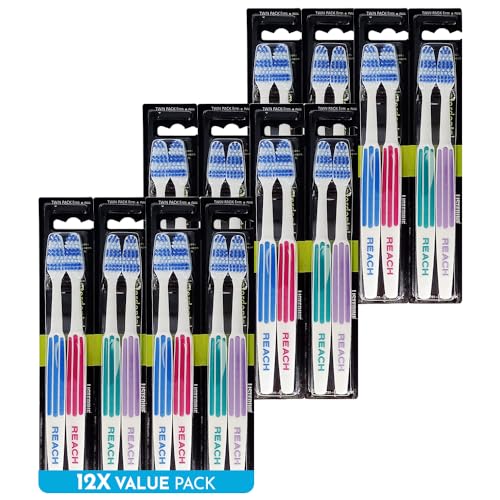 REACH Essential Care Interdental Firm Toothbrush Duo Pack x 12 Full Head Hard Bristle Manual Toothbrushes Variety Colors Multipack Daily Oral Enamel Dental Care