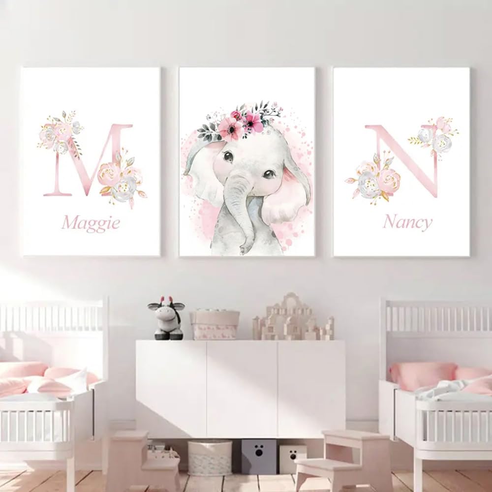 3 Quadri Personalizzati Nome Nascita Stampe Animali Cameretta Bimbo Rosa 30x 40 cm Quadro Cameretta Bambina Decorativi da Parete Bambini Poster Camera Ragazza Ragazzo Regalo Tela senza Cornice