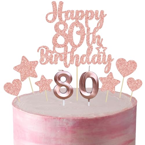 Gyufise 15Pcs Happy 80th Birthday Cake Topper Set with Heart Star Glitter Cheers to 80 Years Cake Picks Number 80 Candles Cake Decorations for Happy 80th Birthday Anniversary Party Supplies Rose Gold