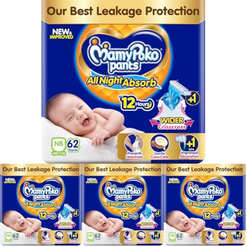 Image of MamyPoko New Pants All Night Absorb|Pantstyle Baby Diapers New Born Size(XS), 62 Count,Ideal for upto 5Kgs|1 Diaper:Upto All Night Absorption now with increased power of +1glass|Wider Crisscross Sheet