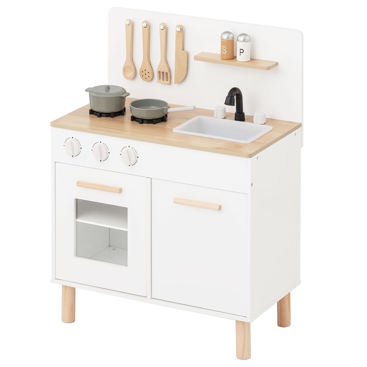 ぼん家具 【完成品+設置】 ままごとキッチン 木製 調理器具付き 知育玩具 ままごとセット ミニキッチン おもちゃキッチン まねっこ 子供用 プレゼント ホワイト ナチュラル