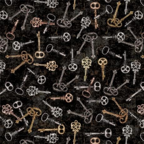 Quilting Treasures Steampunk Adventures Key Toss, Fabric by The Yard (Black)