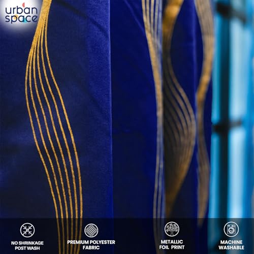 Image of Urban Space 80-85% True Blackout Curtains for Door, Gold Foil Printed Blackout Curtains, Decorative Door Curtain Eyelet with Tieback, 1 Piece Curtain for Living Room(Double Wave Navy Blue, 7 Feet)