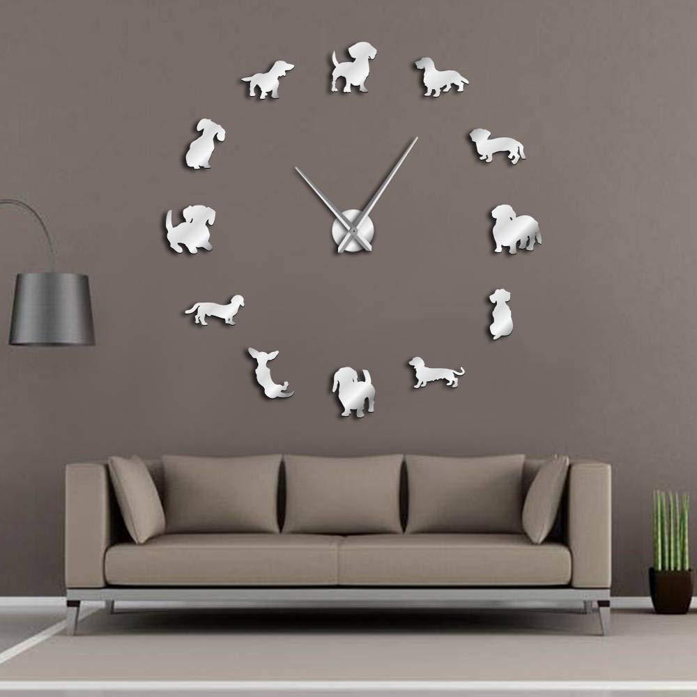 SZG DIY Dachshund Wall Art Wiener-Dog Puppy Dog Pet Frameless Giant Wall Clock With Mirror Effect Sausage Dog Large Clock (Silver, 37")