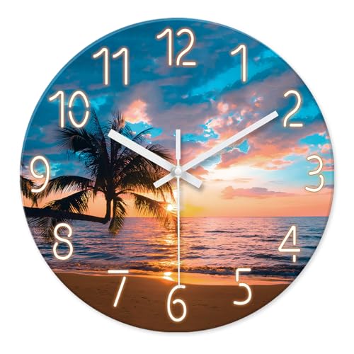 Image of XFM Large Coastal Glass Wall Clock 24 Inch for Living Room Sunset Beach | Silent Non Ticking Battery Operated Blue Nautical Modern Glass Decorative for Dining Room Bedroom Home Office