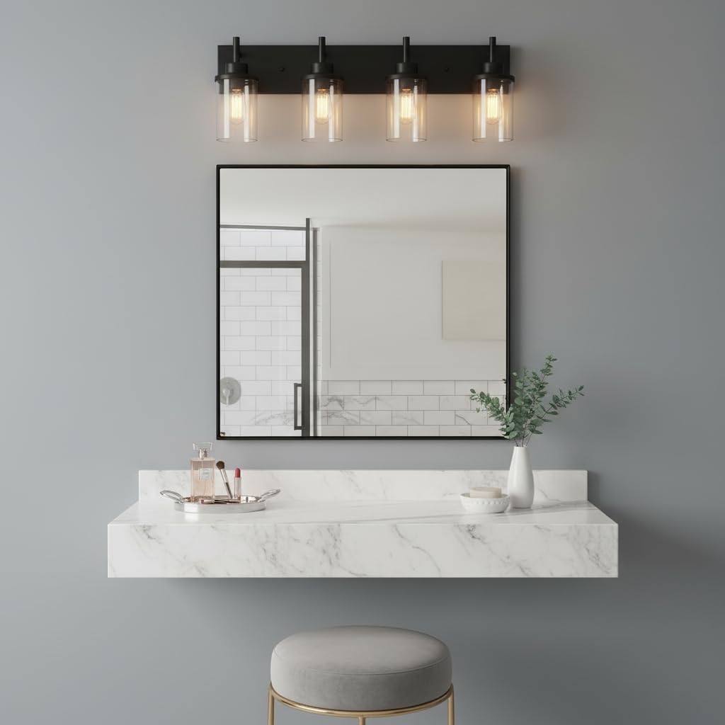 Vanity Light Fixtures, Matte Black Bathroom Light Fixtures Over Mirror, Modern Wall Sconces Lamp with Clear Glass Shade (4 Light)