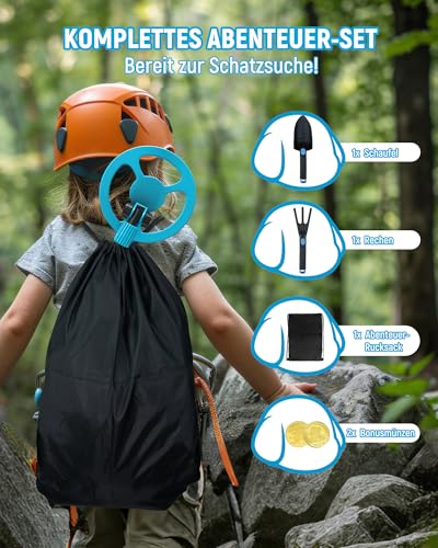 KAIWEETS Metalldetektor für Kinder, Animiertem Farb-LCD & Verstellbarem Schaft, Leichter Golddetektor Set mit Rucksack, Schaufel, Harke & Bonusmünzen – Ideal als Geburtstags