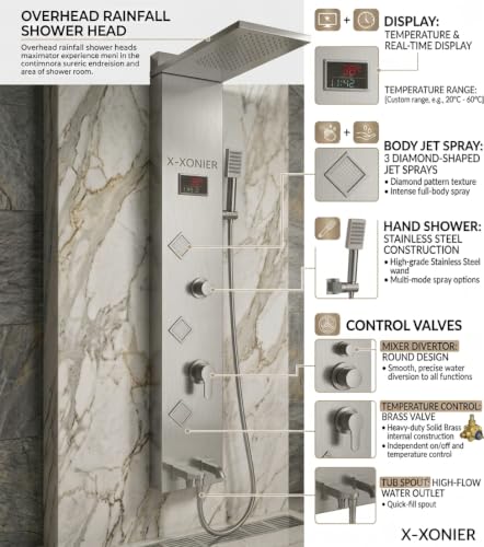 Image of X-XONIER Luxury 5in1 Thermostatic Shower panel System,front Power front jet,Large Overhead shower Handheld, Tub Spout,Hot$Cold mixture, temperature display shower set panel