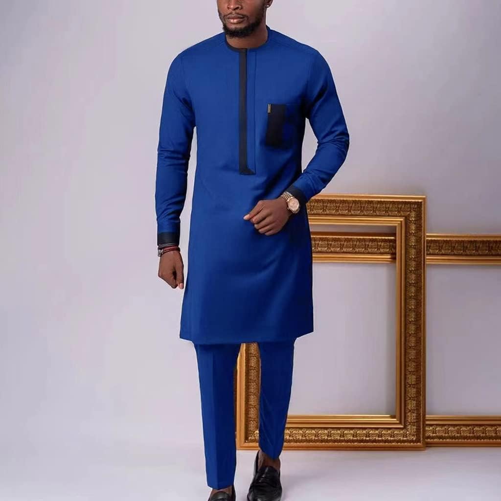 Men's African 2 Piece Set Long Sleeve Clothing Traditional Dashiki and Pants Outfit Slim Fit Jacket Top Shirt (Color : Blue, Size : X-Large)