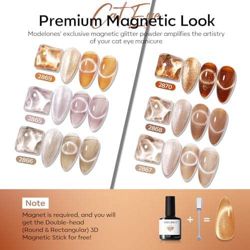 Image of modelones Cat Eye Gel Nail Polish Set, 6 Colors Neutral Nude Brown Gold Caramel Khaki Glassy 9D Cateye Glitter Gel Polish kit All Skin Tones with Magnet Soak Off LED Nail Art Starter Kit DIY Gift