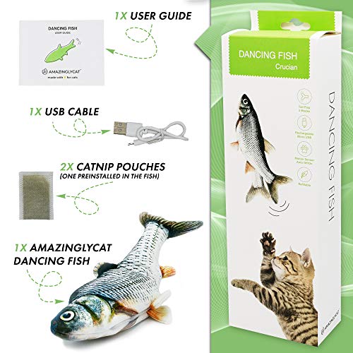 Flopping Fish Cat Toy - Interactive Floppy Fish Cat Kicker Toy With 2 Catnip Packets | Funny Moving Cat Toy For Excercise & Boredom | Usb-Charged, Soft & Washable | Electric Fish Cat Toy Gift 12X5 In. #TOP3
