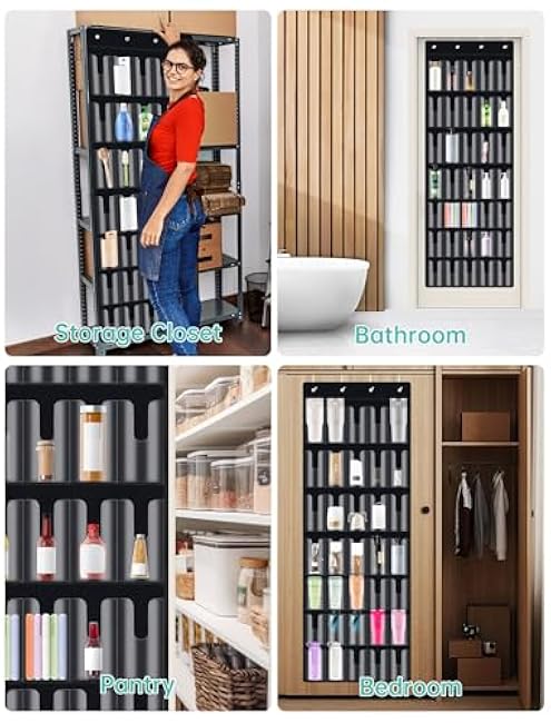 NiHome 35-Pocket Large Capacity Door Cup Organizer for Stanley Tumblers 30oz, 40oz, Door Hanging Water Bottle Storage with Double-Sided Tape Stabilizer, Waterproof Oxford Fabric, Transparent, BPA-Free