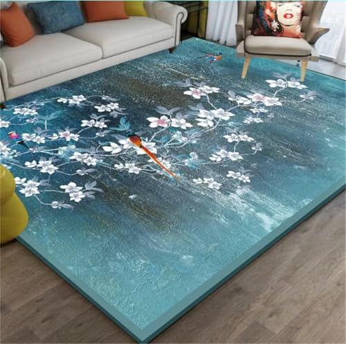 Tapis doux chambre bleu 50x150cm lavable et antidérapant à motif floral - 2
