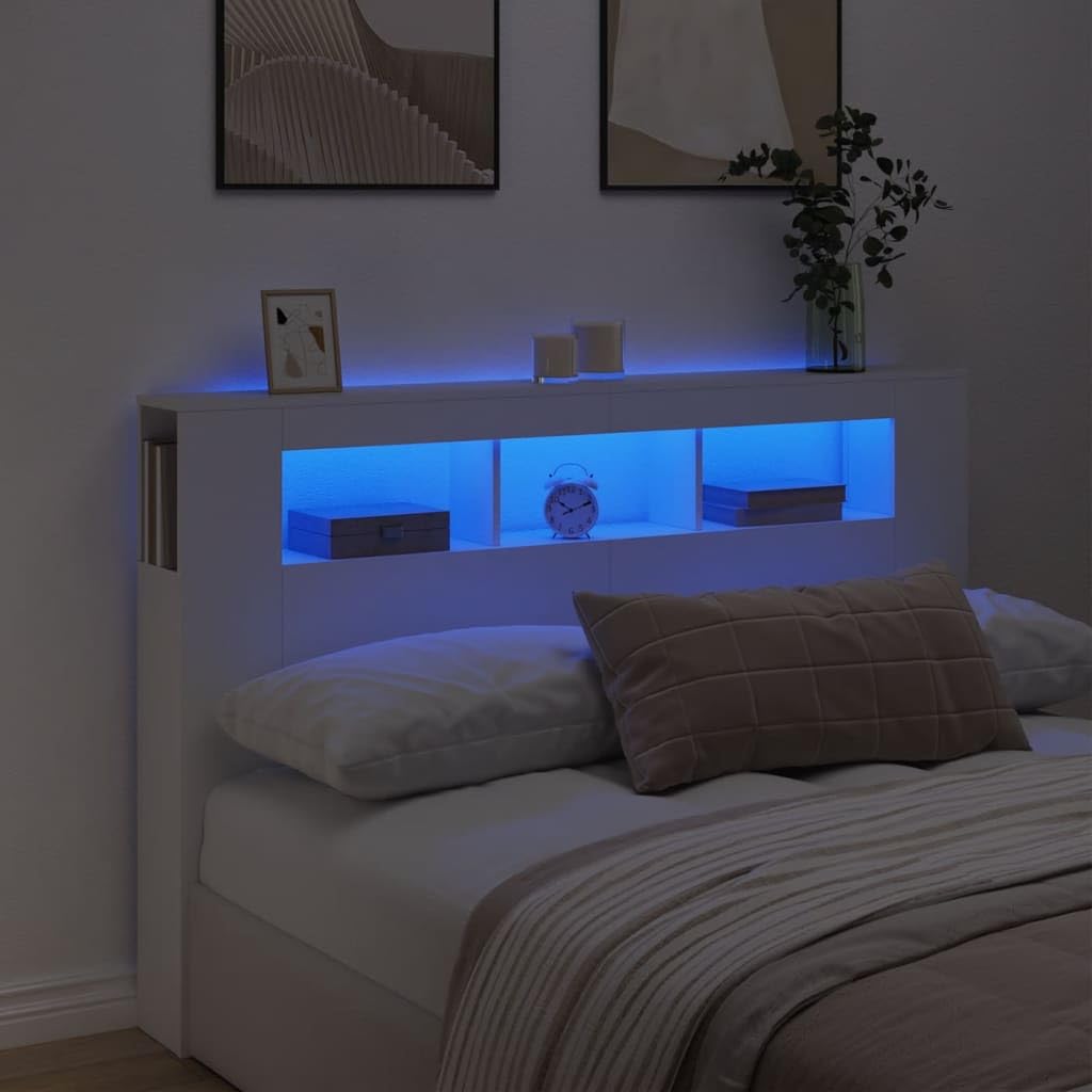 vidaXL Cabecero con LED, Cabecera con Almacenaje, Cabezal de Cama, Cabecero para Dormitorio, Madera de Ingeniería Blanco 160x18,5x103,5 cm