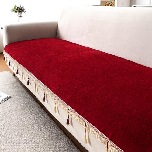 Image of HOKIPO 'Serenity Tassel' Chenille 3 Seater Sofa Cover with Tassel - Crimson Ruby (IN-892-MRN)