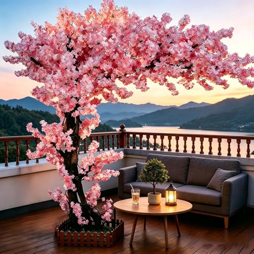 Large Artificial Cherry Blossom Trees Indoor Outdoors Japanese Faux Cherry Blossom Tree with Realistic Silk Flowers Standing Fake Tree for Garden Wedding Party Home Decor(Pink H 5FT x W 4FT)