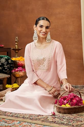 Image of Janasya Women's Light Pink Chanderi Silk Yoke Embroidered Straight Kurta