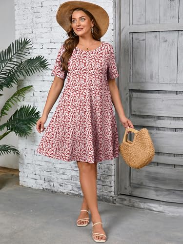 Image of AusLook Plus Size Midi Dress for Women Casual Summer Short Sleeve A Line Swing Dress with Pocket Round Neck Flowy Dress 1X-5X