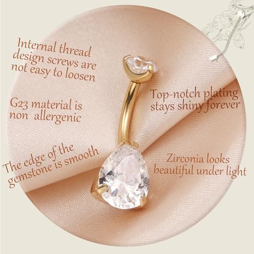 AROWRO Gold Belly Button Ring G23 Titanium Hypoallergenic 14G belly ring for Women Men Teardrop Navel Piercing Jewelry 10mm Barbell With Cubic Zircon2