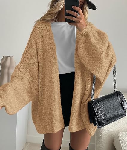 PRETTYGARDEN Womens Oversized Cardigan Sweaters 2025 Fall Long Lantern Sleeve Knit Open Front Lightweight Sweater (Camel,Medium)