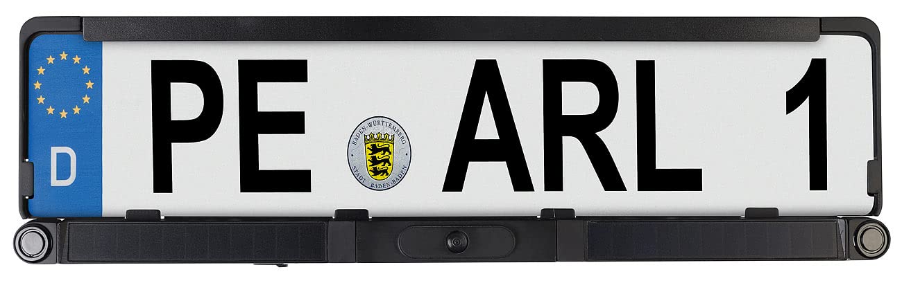 Lescars Rückfahrkamera: Solar-Funk-HD-Rückfahrcam Nummernschildhalter, Monitor, Abstandswarner (Rückfahrkamera nachrüsten, Nummernschild Solar, Auto)