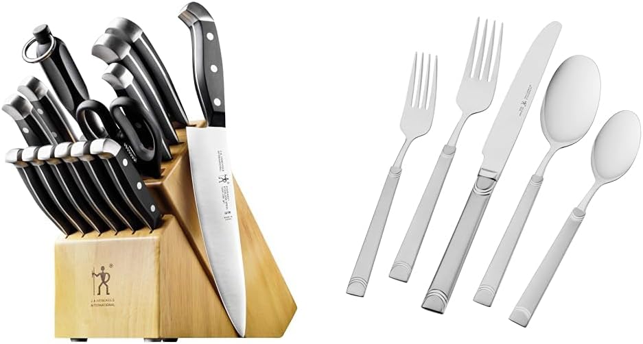 HENCKELS Premium Quality 15-Piece Knife Set with Block, Razor-Sharp & Joy 45-pc 18/10 Stainless Steel Flatware Set