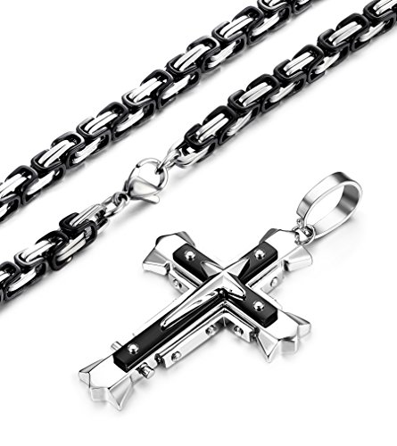 LOLIAS 5MM Stainless Steel Cross Pendant Necklace Men Byzantine Chain Necklace 22-30 Inches4
