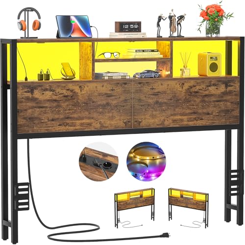 iSunirm Tête de lit avec étagères de Rangement 140 cm, Prises électriques, Ports USB et Pip-C,...