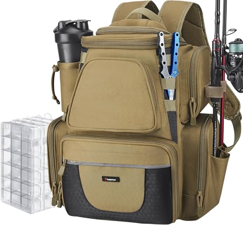 Piscifun Fishing Backpack with 2 Rod Holders & 4 Tackle Boxes, Large Tackle Storage Bag With Rain Cover for Fishing Gear, Khaki