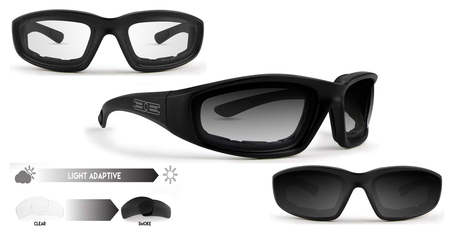 Epoch Eyewear Motocyklowe wyściełane fotochromowe okulary przeciwsłoneczne, czarna ramka z przezroczystymi do bardzo ciemnymi soczewkami, przezroczyste do bardzo ciemnego dymu, dla dorosłych