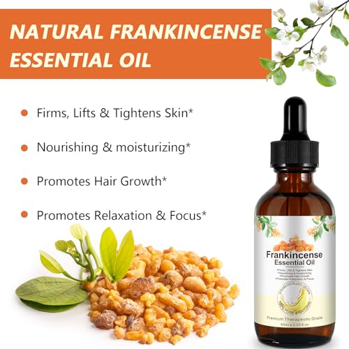 Frankincense Oil, 60ml Ätherisches Weihrauchöl für Gesicht und Körper, Reduziert feine Linien, Dehnungsstreifen, spendet Feuchtigkeit und beruhigt Haut, Duftöle für Aromatherapie, Hautpflege, Massage