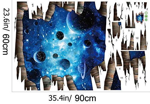 3D Blue Galaxy Wall Stickers- Universe Scene with Planets Stars Starry Sky- Removable Wall Mural Decals for Kids Bedroom Ceiling Living Room Nursery - Thumbnail 6